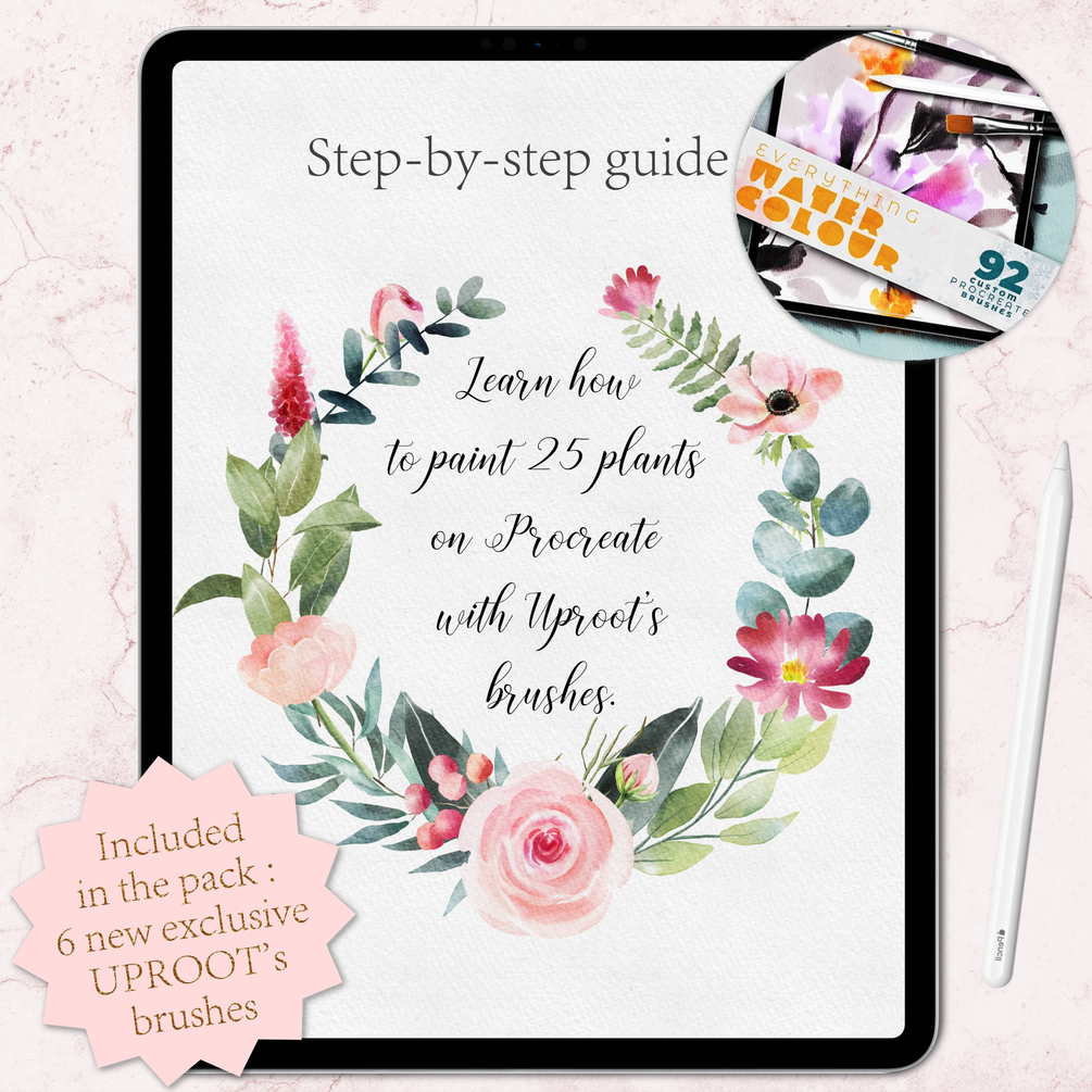 Step|by|Step guide : Learn to paint 25 watercolour plants on Procreate with the Uproot brushes (the original Uproot package is not included) by Marie Dricot