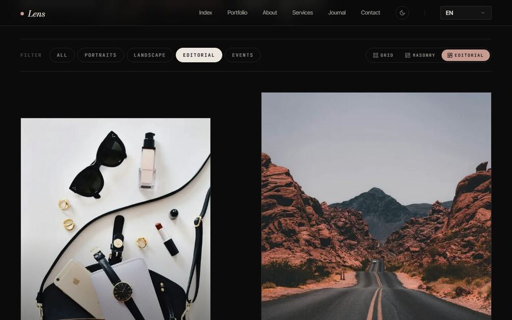 The Lens portfolio in editorial layout mode on the dark theme: category filter pills reading All, Portraits, Landscape, Editorial and Events on the left, the Grid, Masonry and Editorial layout toggle on the right, and two large offset photographs below.