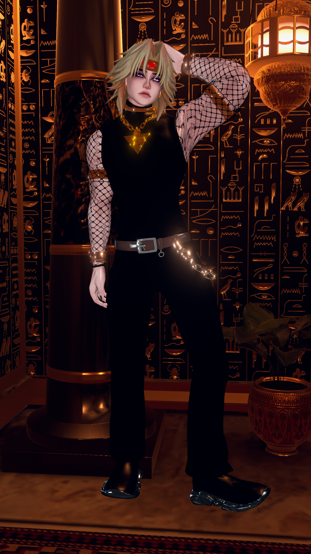Ankhu — blond hair, red forehead eye, fishnet sleeves under a black top, gold pendant and belt chain