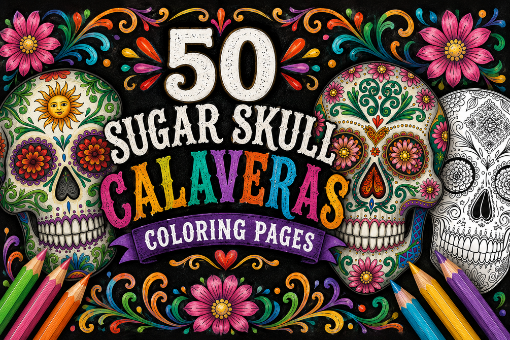 Sugar skull Day of the Dead calavera coloring page artwork, black line art on white