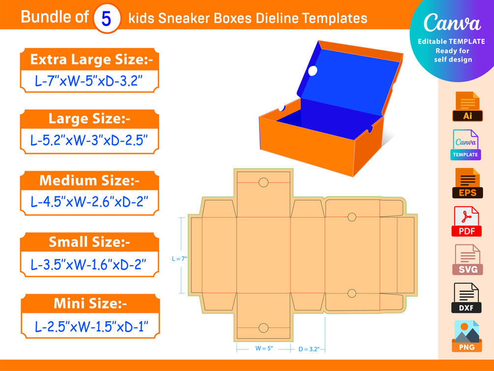 Bundle of 5 Kids Sneaker Boxes Dieline Templates