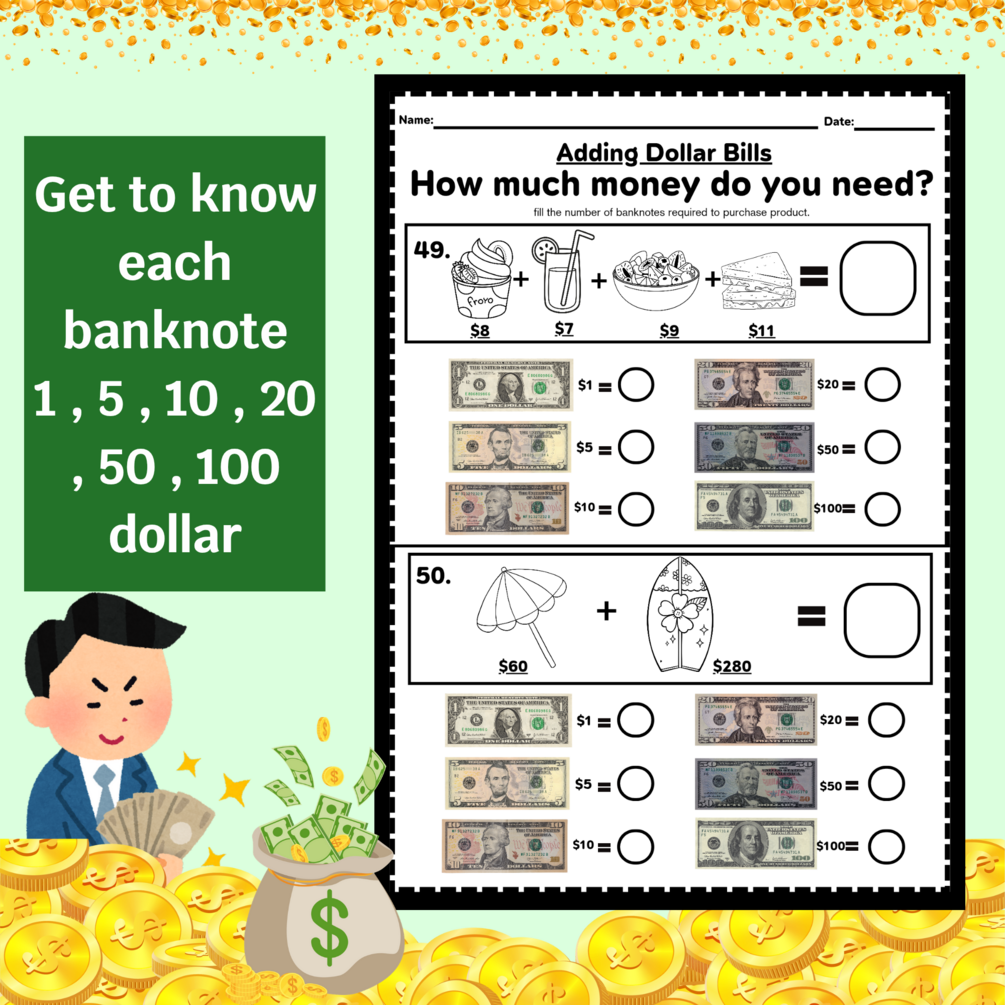 Summer Life Skills Money and Math - Counting Money - Adding Dollar ...