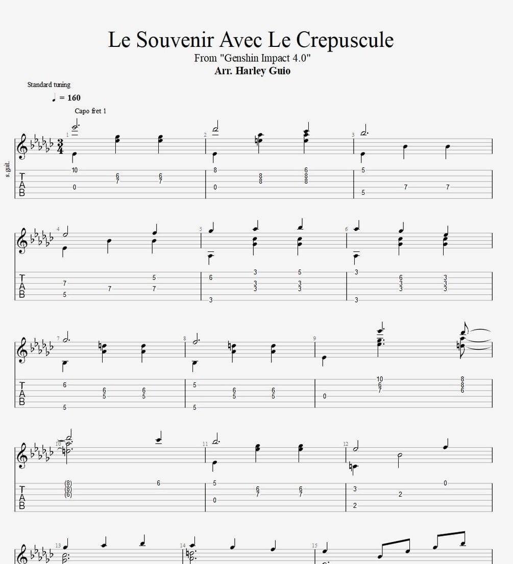 Le Souvenir Avec Le Crepuscule (Genshin Impact) fingerstyle guitar tab PDF by Harley Guio