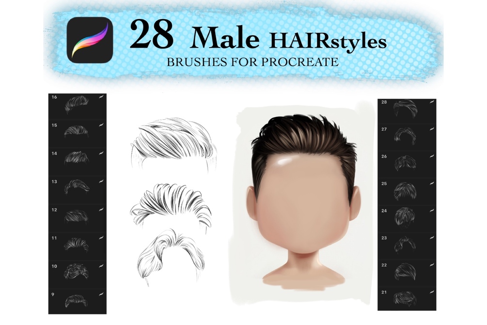 Male Hair Stamps Procreate Brushes, Hair Brushes, Straight Hair Brushes, Hairstyles Brushes Stamp, Digital Brushes Stamps by VikaBLACK