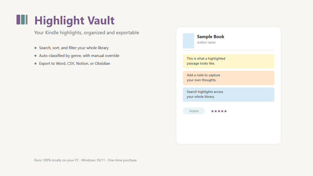 Highlight Vault app preview: your Kindle highlights organized into a searchable library, with genre, rating, and highlighted-passage cards