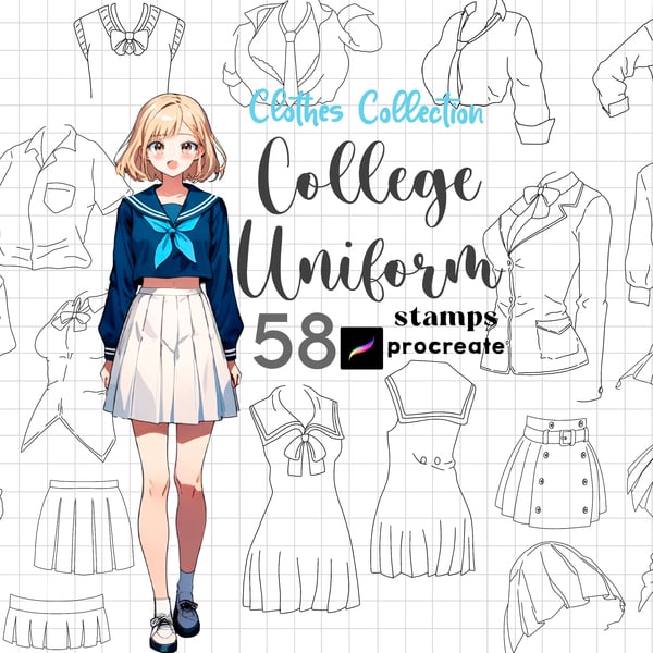 Procreate Anime Clothes Stamps College Uniform Fashion Design Anime Outfit by ArtPrintBabe