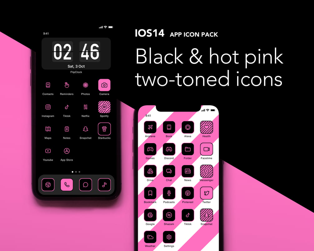 Minimalistic black and hot pink iOS 14 iPhone app icons