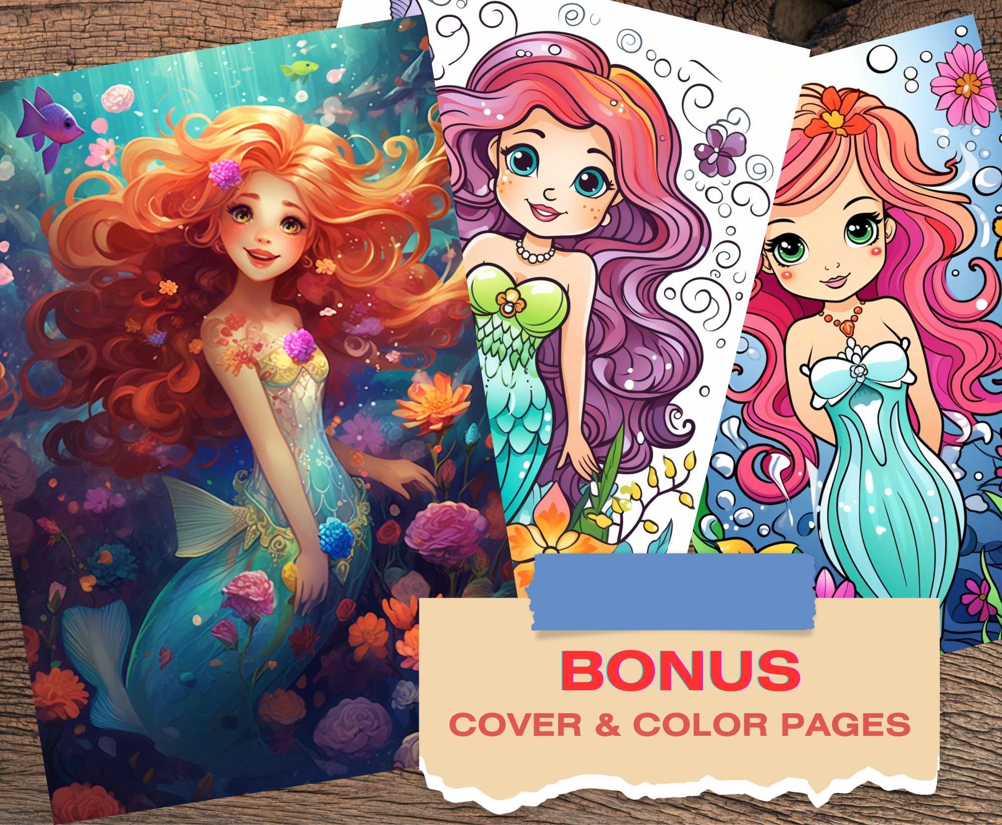 50 Mermaid Fantasy Coloring Page, Printable PDF, Instant Download