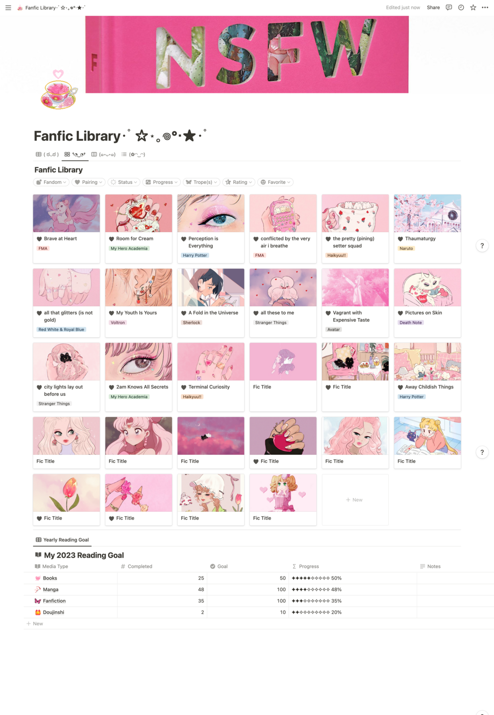 FREE Fanfiction Library Notion Template Cute Pink Notion Template