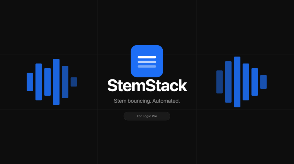 StemStack interface — stem group editor with Drums, Bass, Guitars, Keys, and Vocals groups ready to bounce