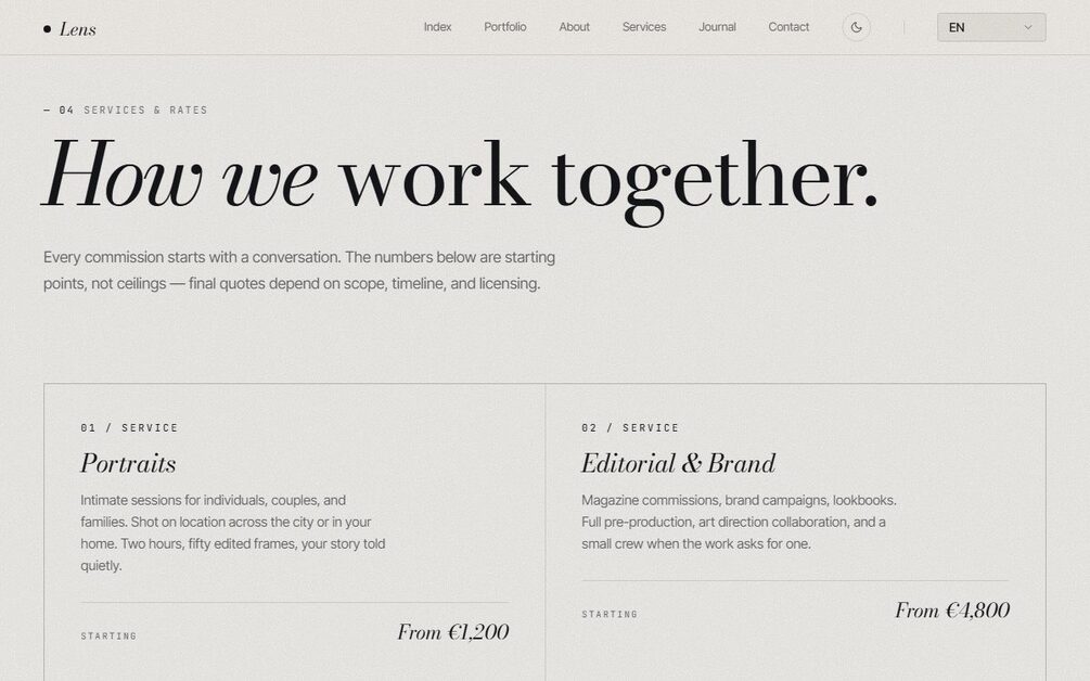 The Lens services and rates page in the light salt-smoke theme: the headline How we work together set in large mixed roman and italic serif above two service cards, Portraits from EUR 1,200 and Editorial and Brand from EUR 4,800.