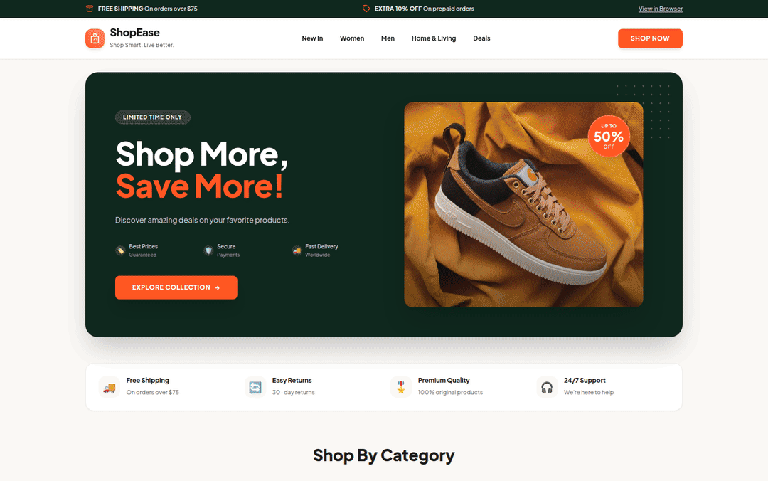 Wide desktop walkthrough GIF for Shopease — E-commerce Storefront Website Template