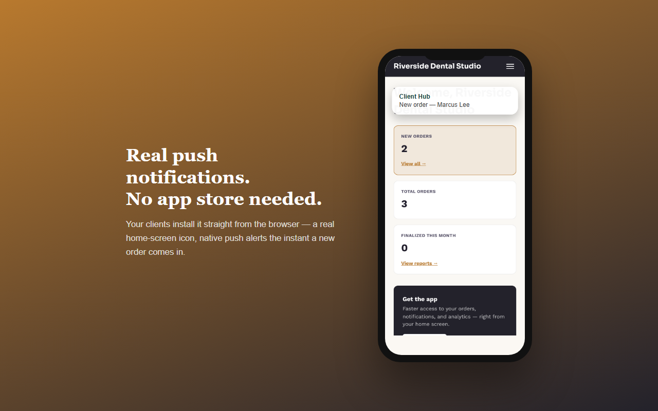 Installed home-screen app showing a real push notification for a new order