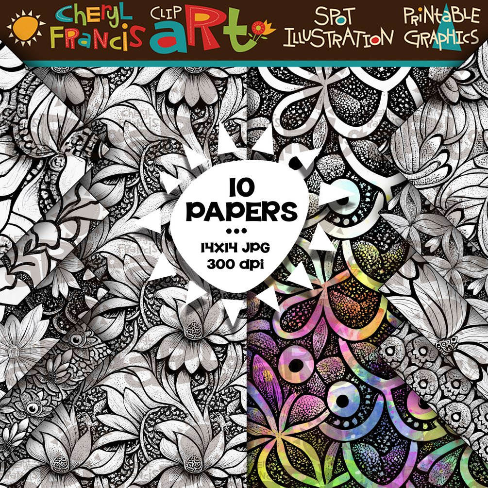 10 Scratchboard Style Sketchy Coloring Papers 1.5