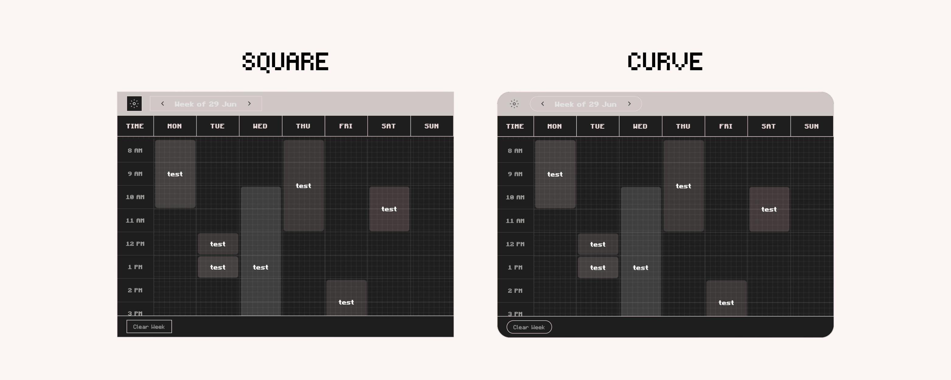 Digital Weekly Schedule Widget for Notion with curved and square display in dark mode. Aesthetic study planner and weekly planner.