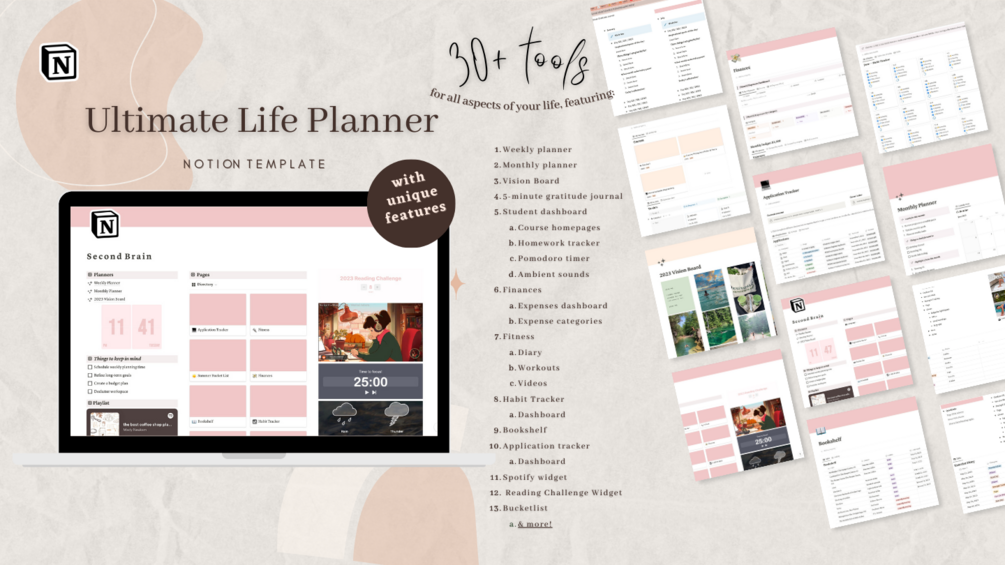 Ultimate Life Planner Notion Template, Pink Minimalist Theme