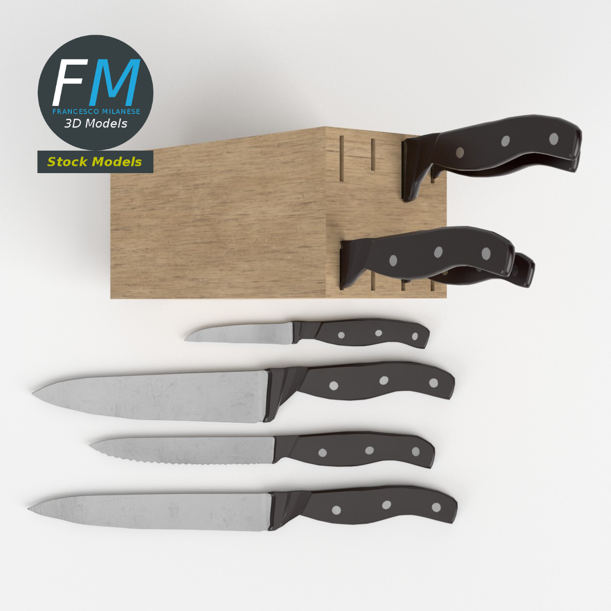3D MODEL Kitchen knives with wooden stand
