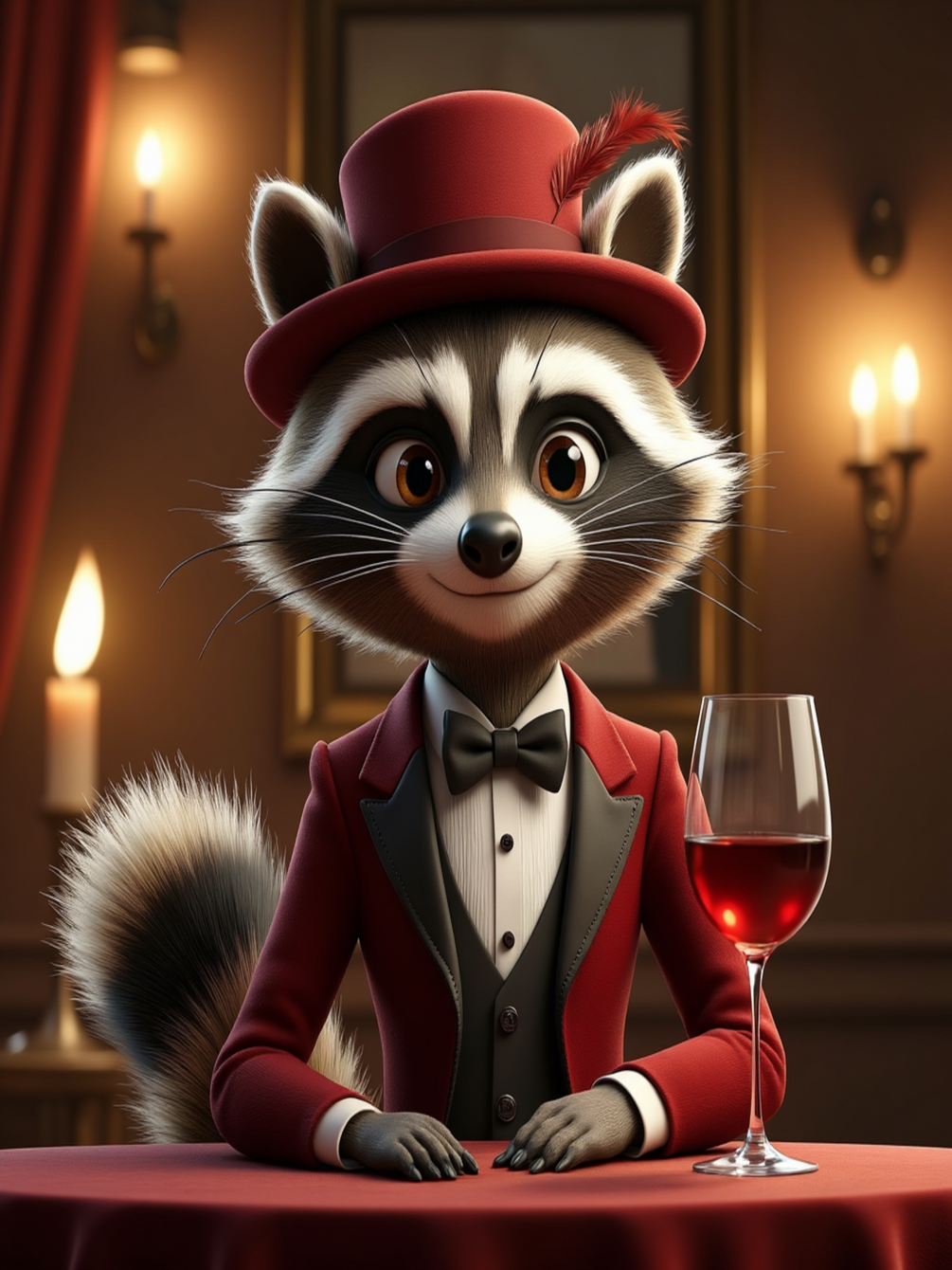 Raccoon in Velvet Tuxedo & Feathered Hat, Wine & Candlelit Lounge