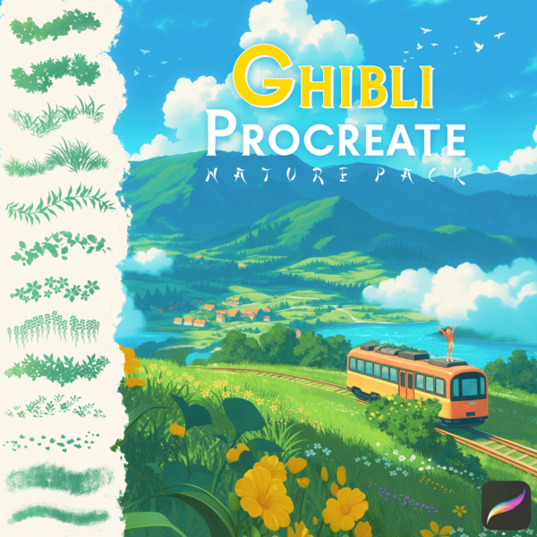 Warm Ghibli Style Procreate Brushes: Nature, Foliage, Clouds, Water Effects, Flowers, Textures, Stamps