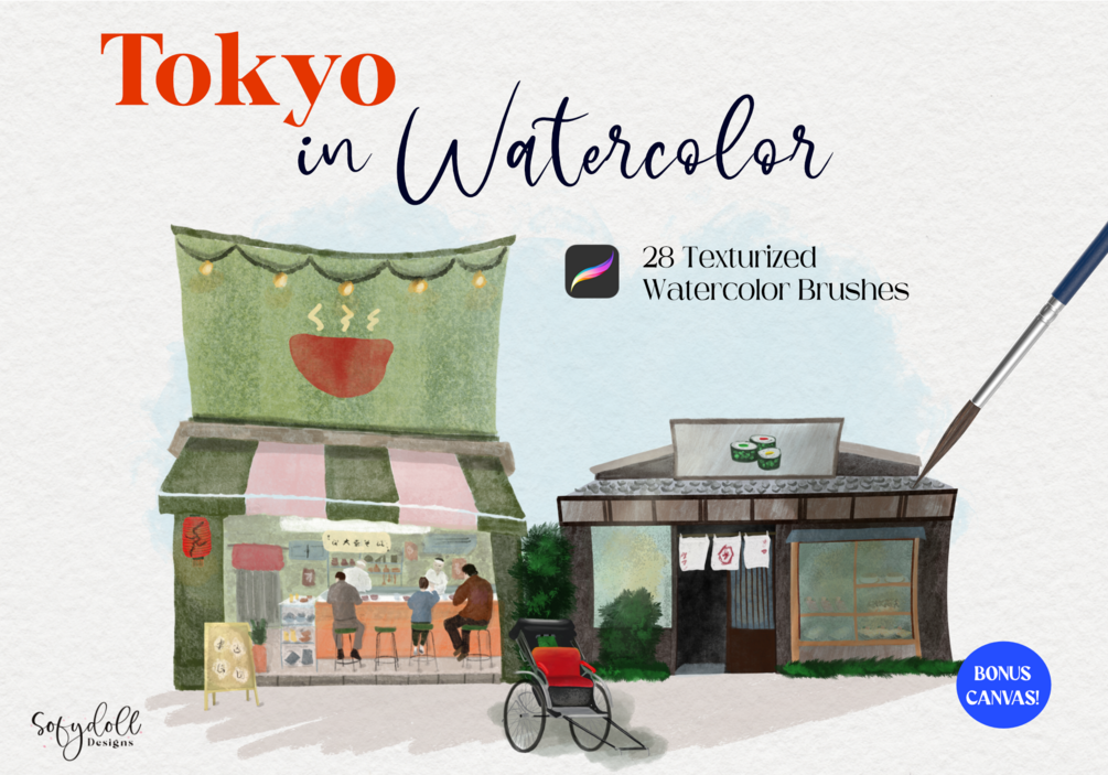 Tokyo In Watercolor | Texturized Watercolor Brushes for Procreate by Sofydoll Designs