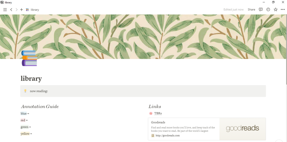 notion reading list / library template