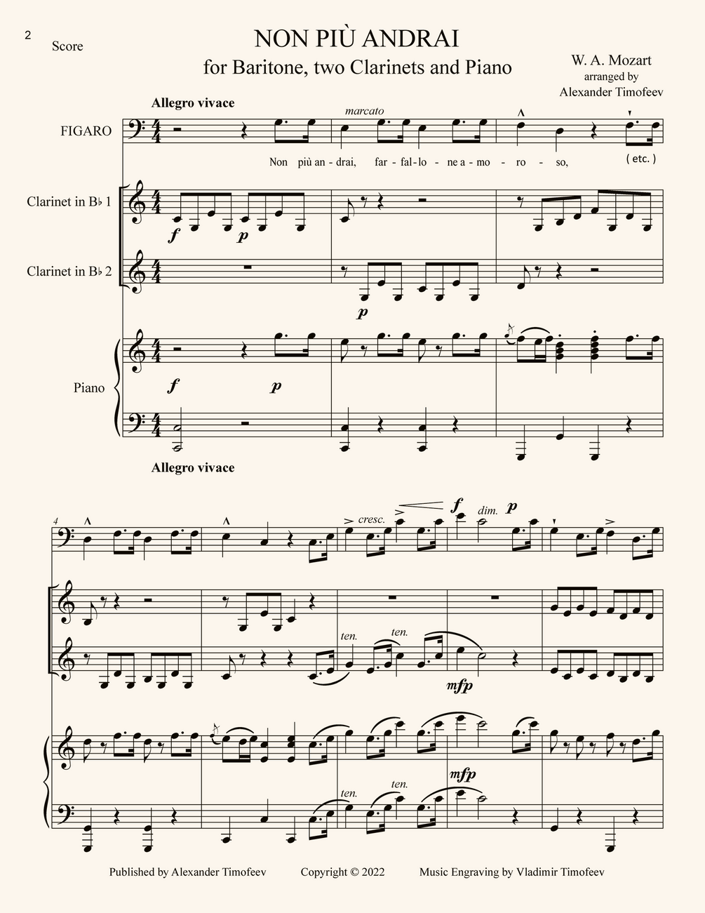 Mozart Non Più Andrai For Baritone 2 Clarinets Piano Arr A