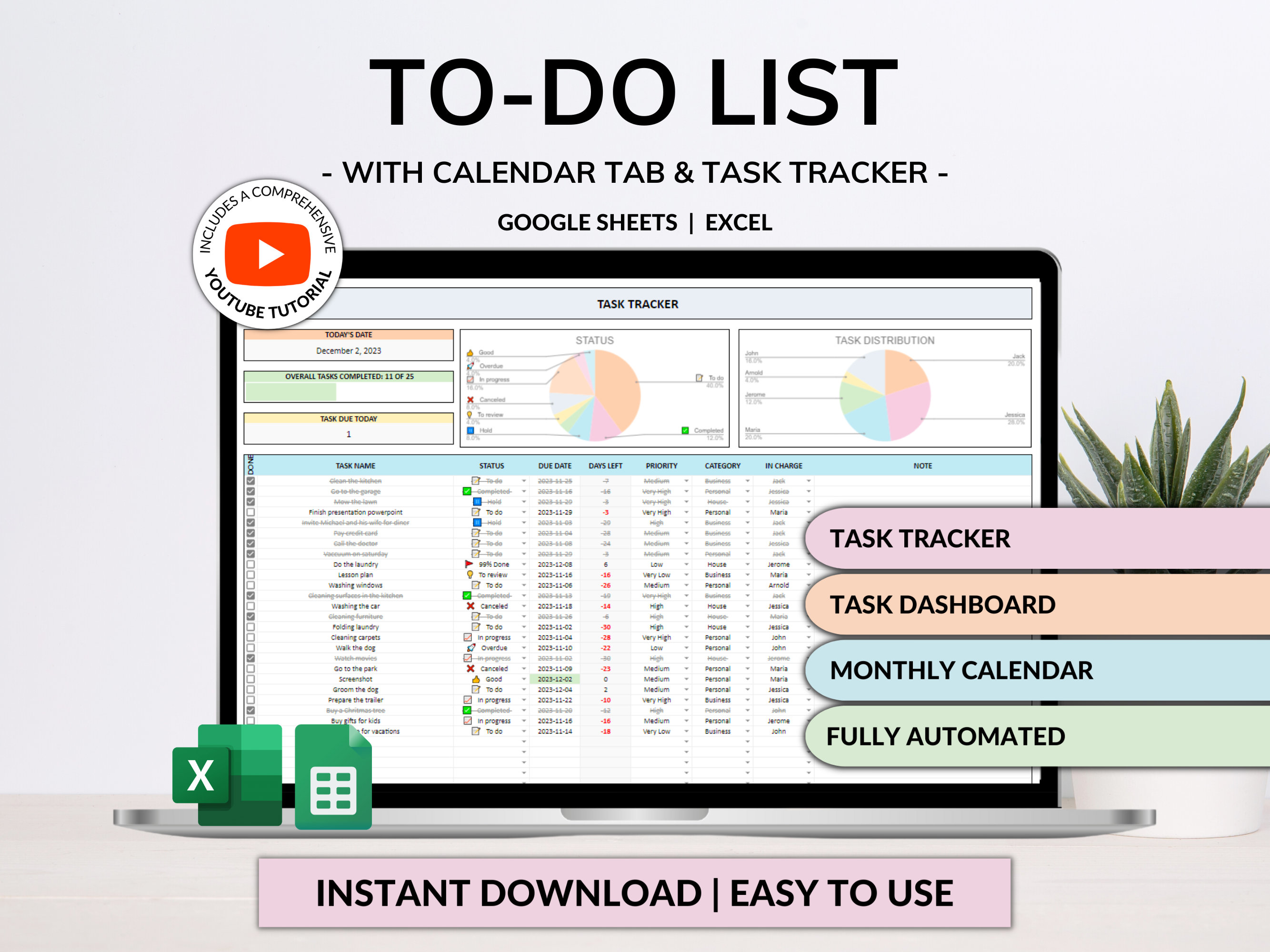 Excel Google Sheets Spreadsheet Template for To-Do List Tracking