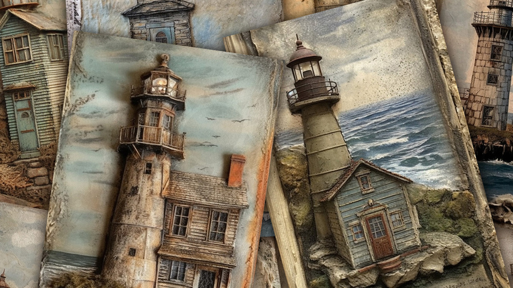 12 pc Mixed Media Lighthouse Printable Junk Journal Collage Half Papers ...