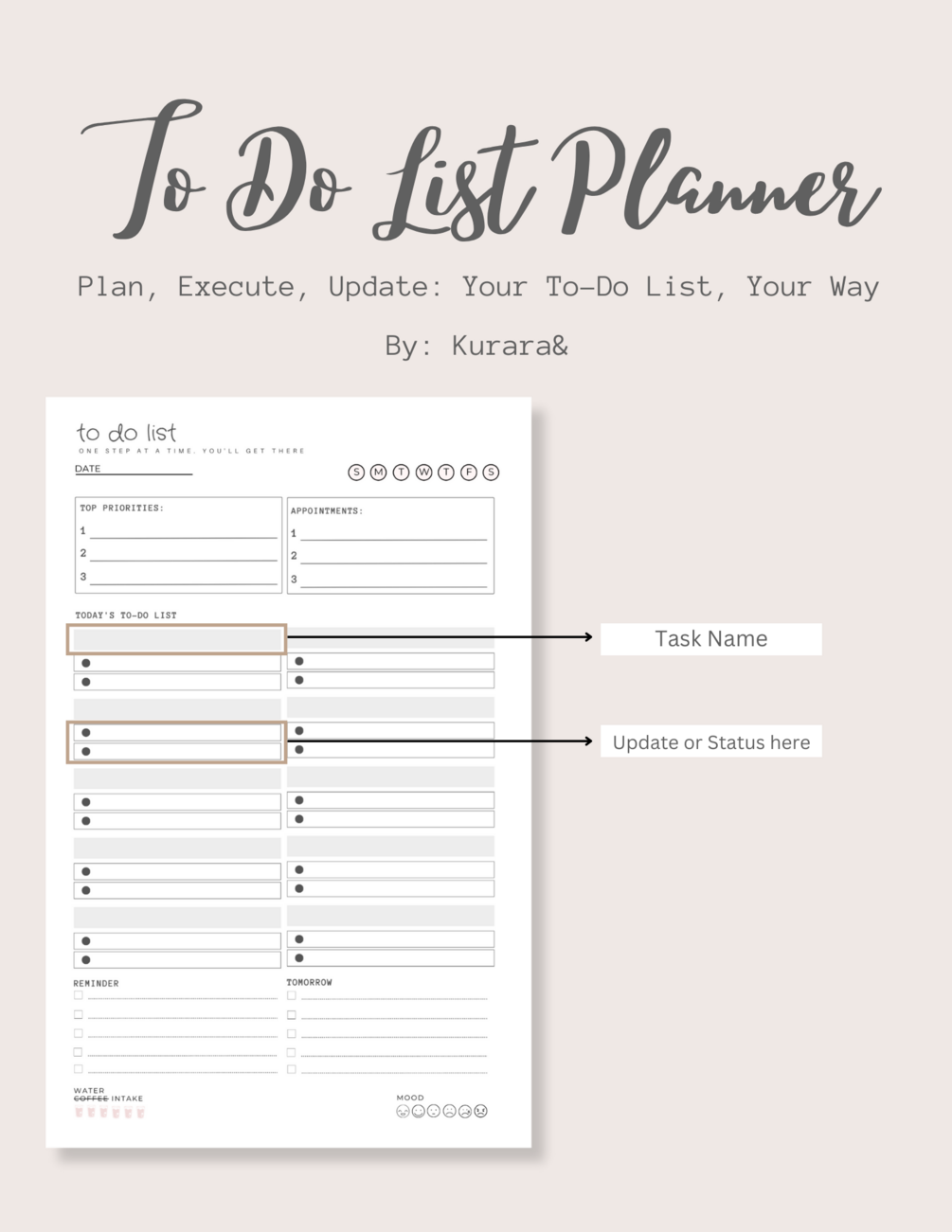 Downloadable PDF ToDo List Planner with Task Status Update Section