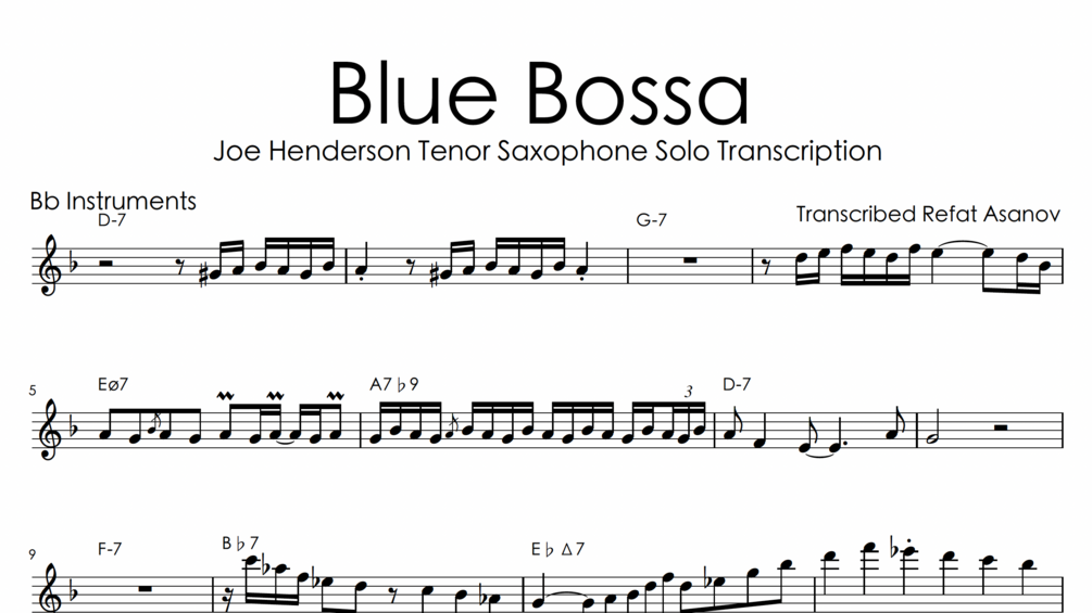 Joe Henderson "Blue Bossa" Tenor Saxophone Transcription