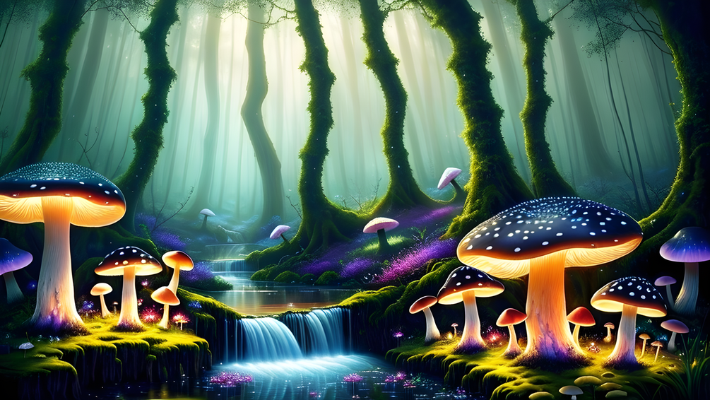 Glowing Mushrooms Garden Wallpaper