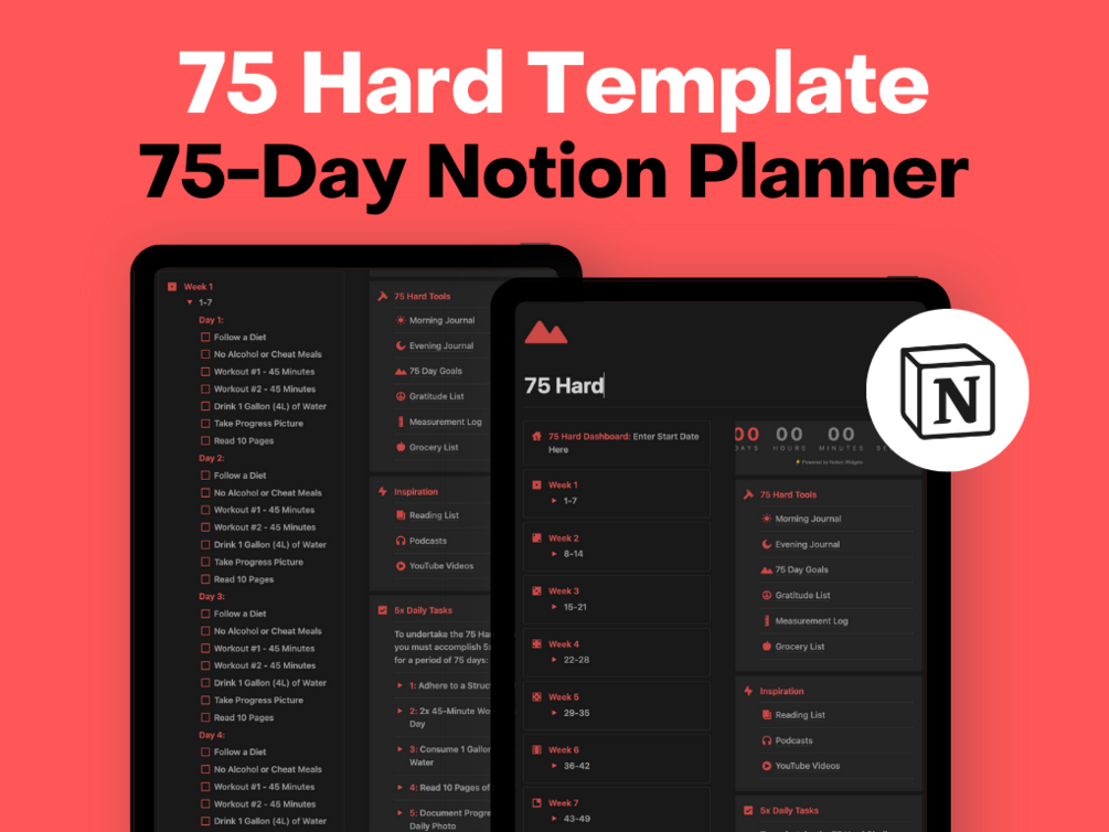 75 Hard Challenge Planner 75 Day Challenge Tracker Notion Template