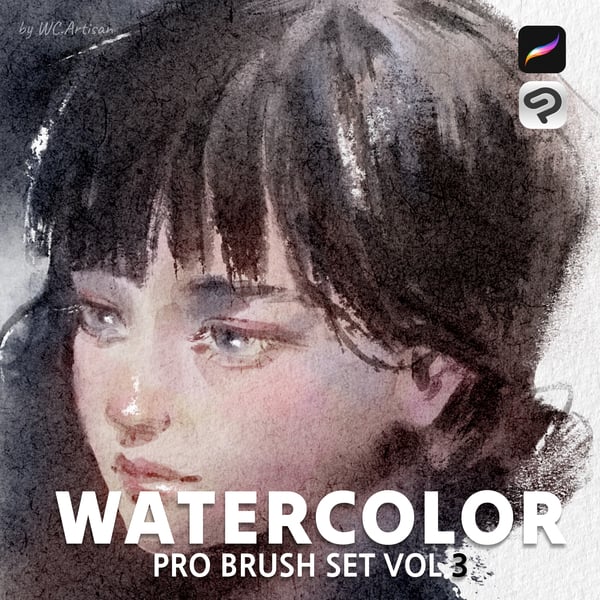 Watercolor Pro Brush set vol.3 for Procreate & CSP: 106 brushes & 4 canvases - Procreate Brush Pack