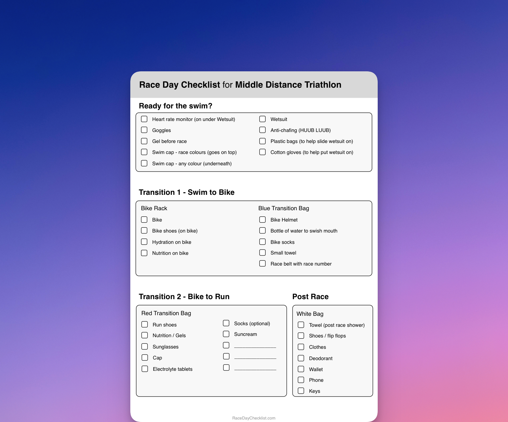 Middle Distance (70.3) Triathlon Race Day Checklist
