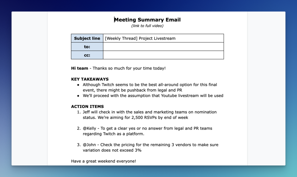 Meeting Recap Email Template