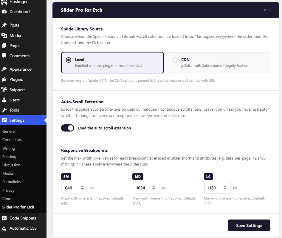 Choosing between bundling the slider engine locally or loading it from a CDN