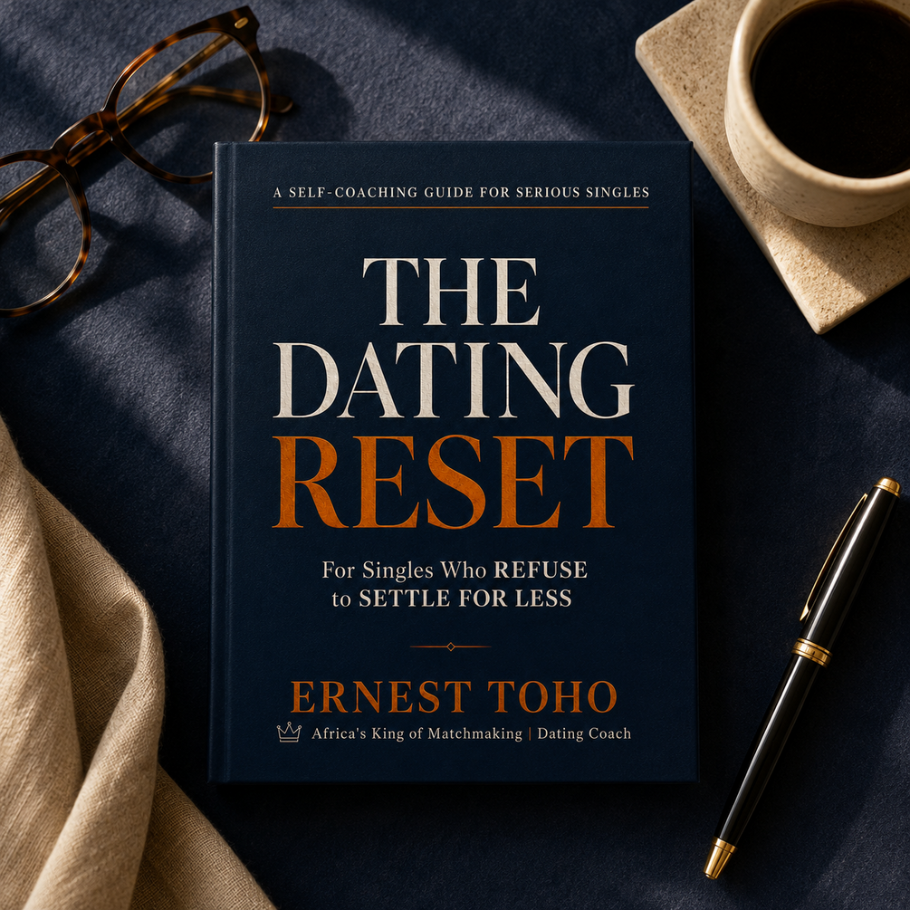 The Dating Reset book styled with coffee and reading glasses, a quiet moment of self-coaching