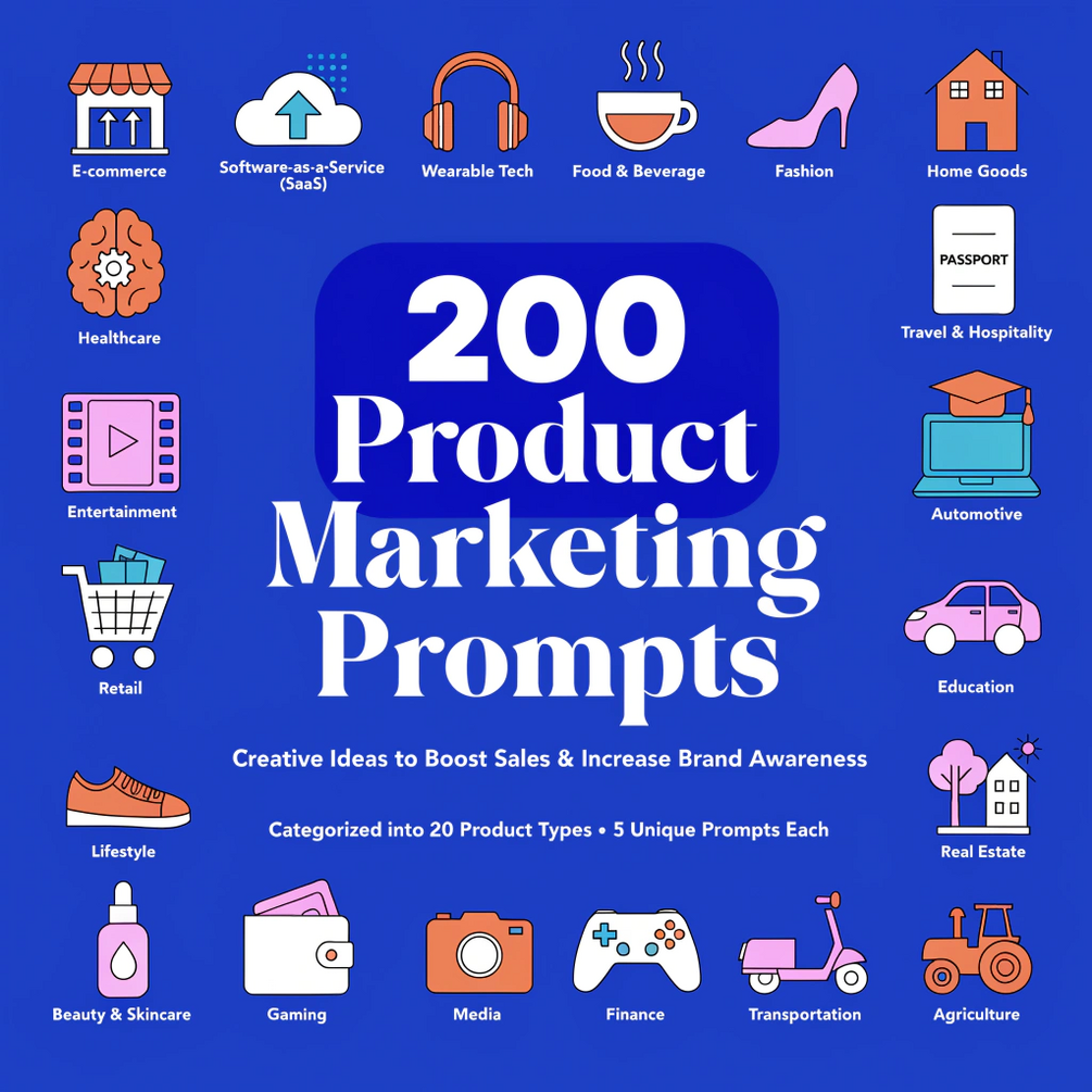 200  product marketing prompts categorized by 20 different product types, with 5 unique prompts per