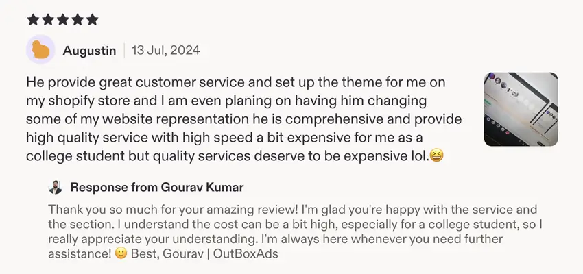 Five-star Etsy review from Augustin, Jul 2024: theme set up on his Shopify store, comprehensive high-quality service delivered at high speed.