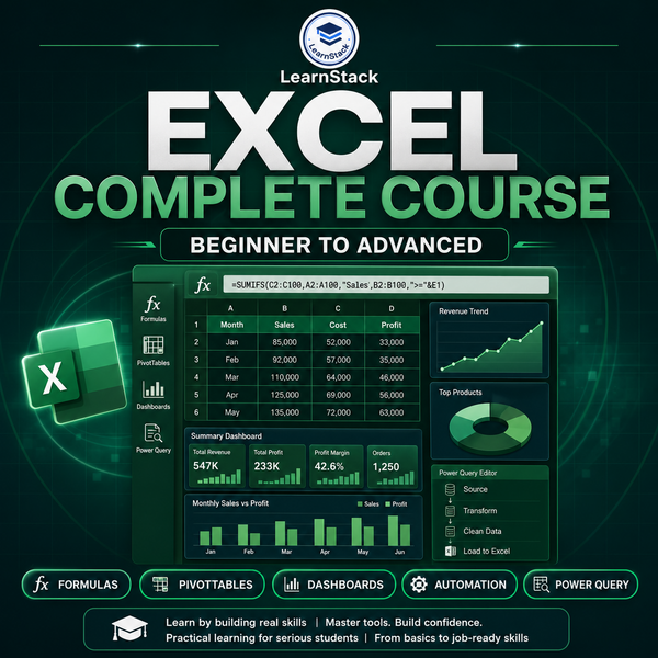 Excel Complete Course 2026 — Beginner to Advanced Career Skills Handbook cover by LearnStack