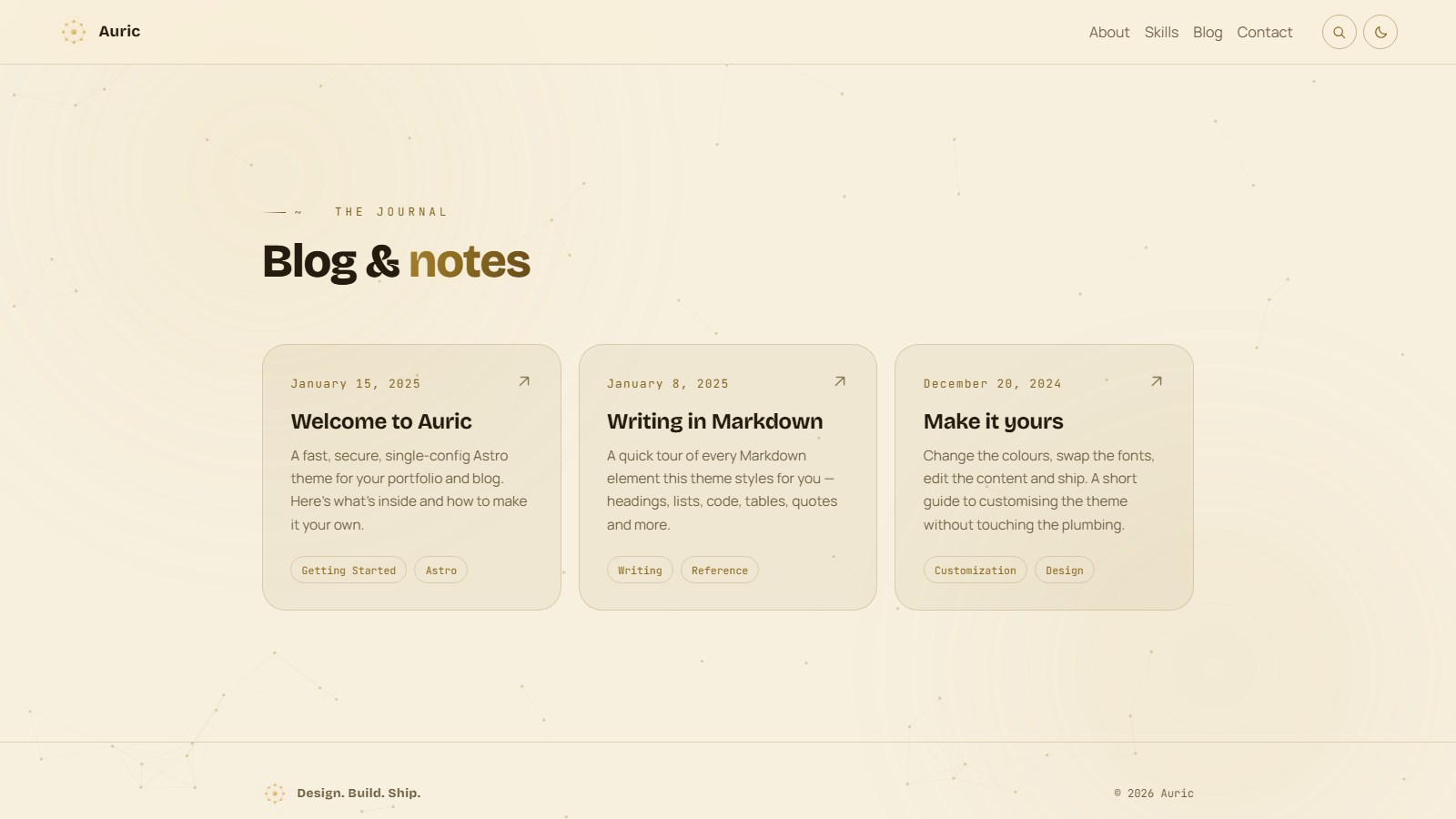 Auric latest posts section in light mode: three post cards with dates, summaries and tags on warm paper