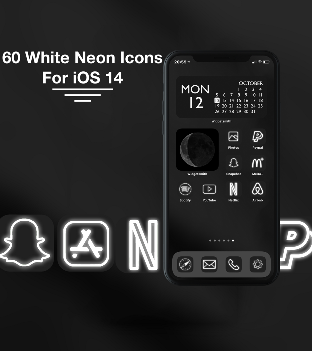 60 Black and White Neon iPhone iOS 14 App Icons Neon App Icons iPad iOS14 Black and White