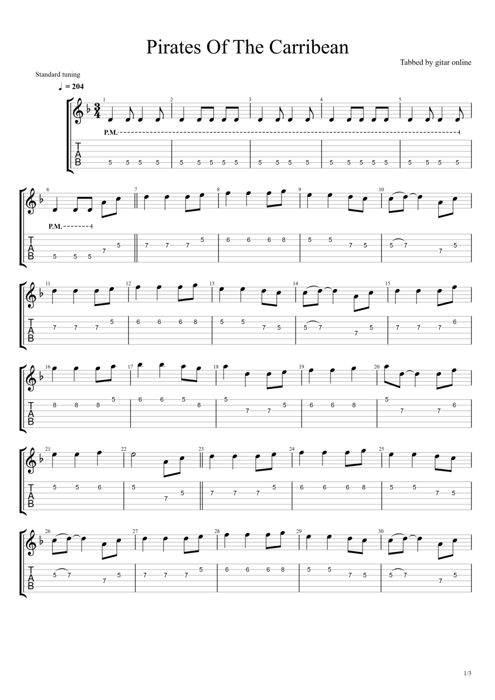 TAB. Pirates Of The Carribean (Guitar Instrumental)