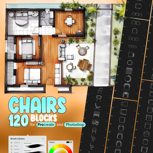 120 Chairs Blocks Stamp Brushes Collection for Procreate and Photoshop by ProCreativeBreeze
