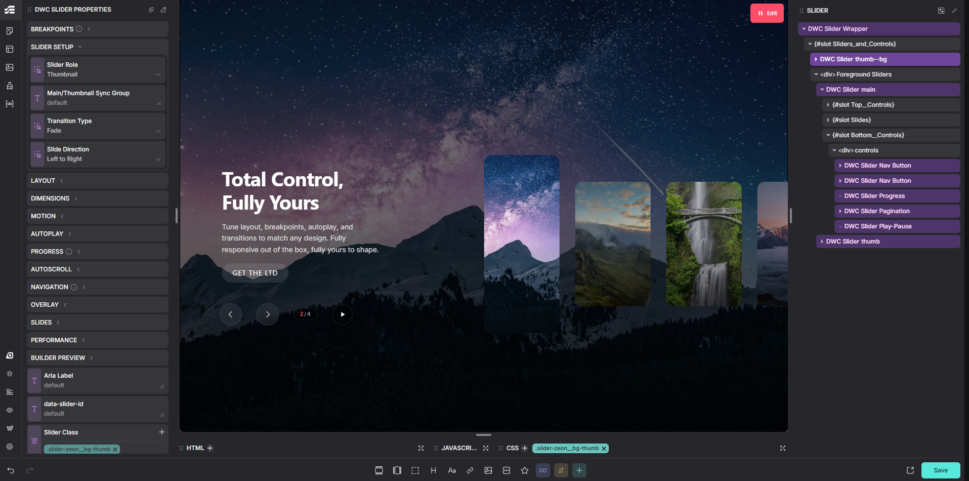 Seven builder components: Wrapper, Slider, Slide, Pagination, Nav Buttons, Play/Pause and Progress