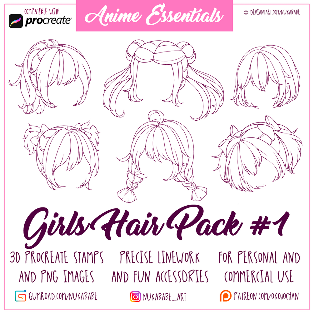 Procreate Hair Stamps | Chibi Girls Hairstyles | Manga Hair