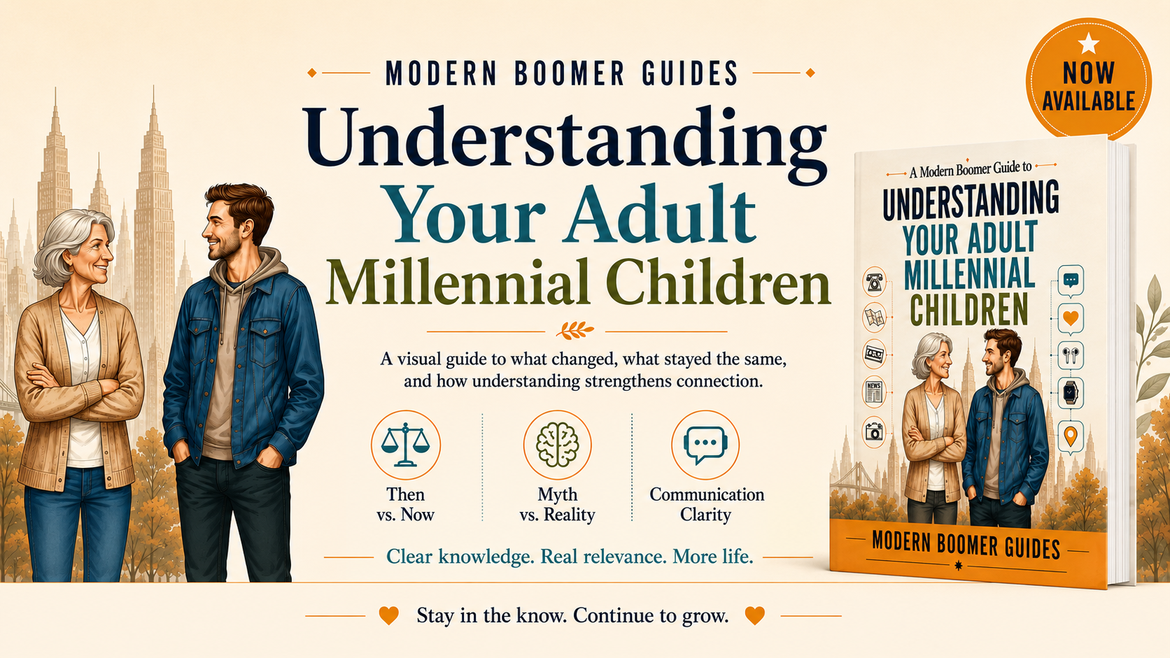 Promotional banner for A Modern Boomer Guide to Understanding Your Adult Millennial Children, showing the guide cover, older mother and adult son, key topics, and “Stay in the know. Continue to grow.” tagline.