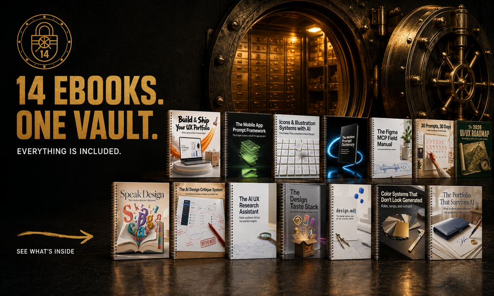The 14 field guides included in The Complete AI Design Vault, standing in front of an open bank vault