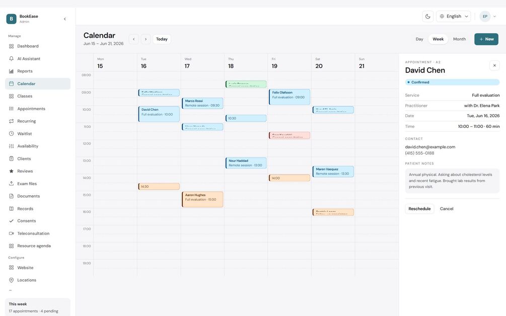 The staff calendar in the light Quiet theme, configured as a medical practice: a full week of colour-coded appointments across seven columns, a sidebar carrying the clinic-only Exam files, Records, Consents and Teleconsultation entries, and a detail panel showing a confirmed appointment with practitioner, contact details and patient notes.