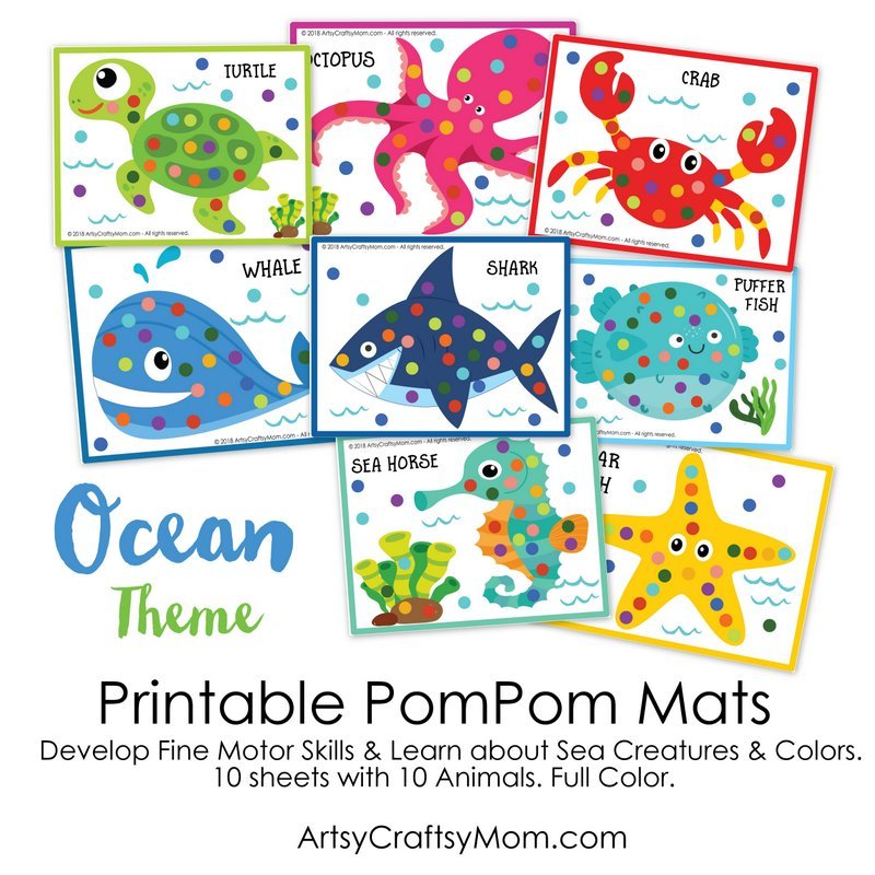 Printable Sea Creature Themed PomPom Match for Free Printable Pom Pom Mats